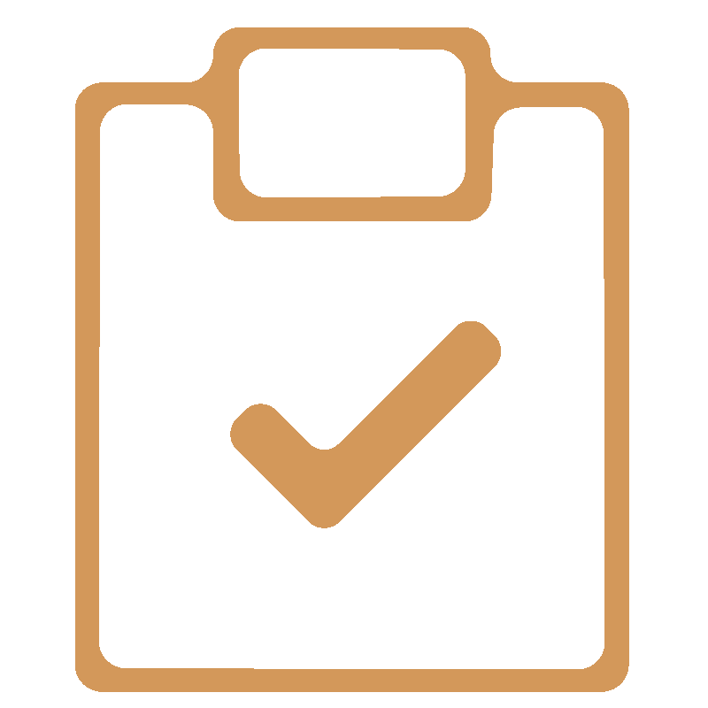 Simple brown clipboard icon with a large checkmark in the center, set against a plain white background.