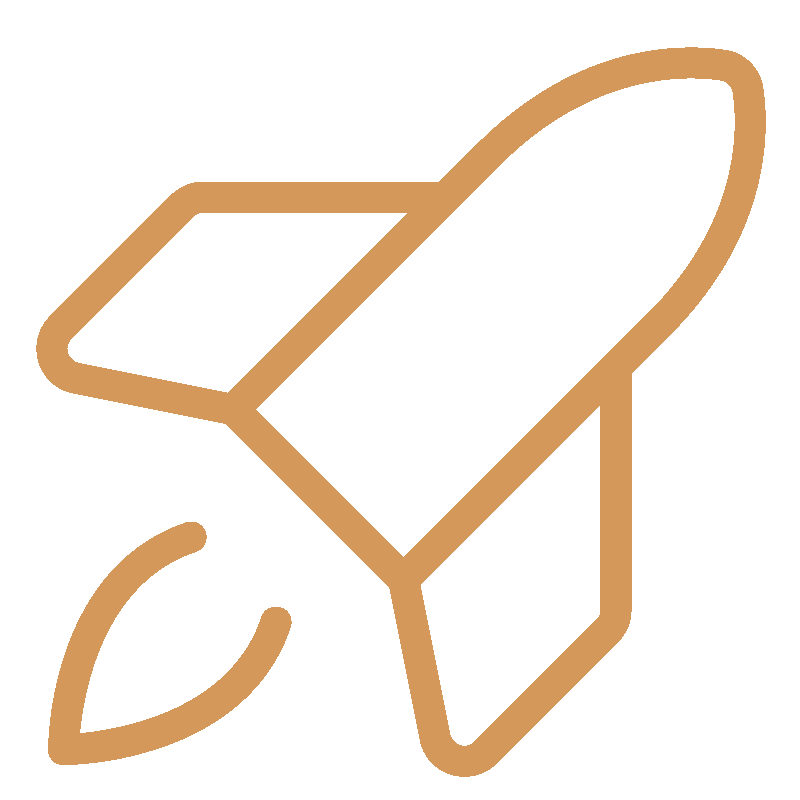 A simple orange outline of a rocket taking off, shown on a white background.