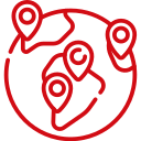 Red outline of a globe with four location pins marked on different continents, illustrating global locations or connectivity.