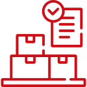 Red outline icon showing three stacked boxes next to a document with a checkmark, representing inventory or shipment verification.