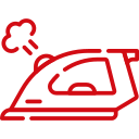 Red icon of a steam iron releasing steam, shown in a side view.