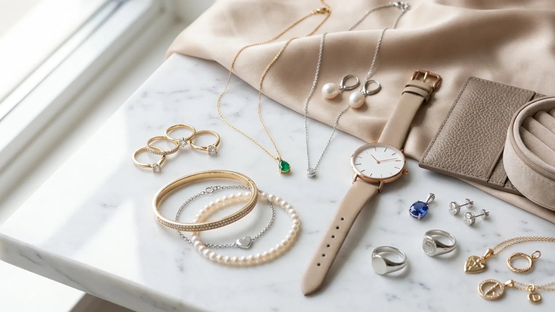 Jewelry and accessories including rings, bracelets, necklaces, earrings, and a beige wristwatch arranged on a marble surface with a beige fabric and pouch.