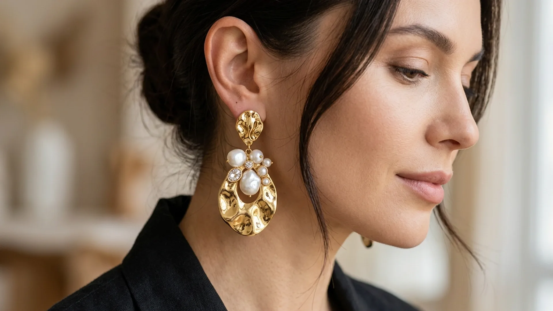 A woman with dark hair wears a large gold and pearl earring, looking to the side. She is dressed in a black outfit against a neutral background.