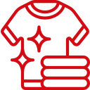 Red icon of a clean shirt with sparkles and a stack of folded clothes.