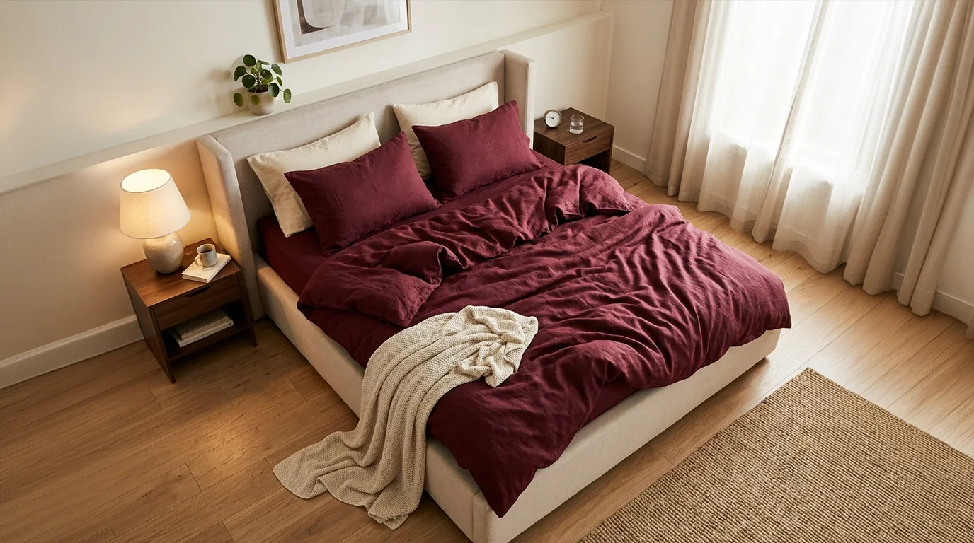 A neatly made bed with burgundy bedding, beige throw blanket, and pillows, flanked by two wooden nightstands with lamps, in a bright, modern bedroom.