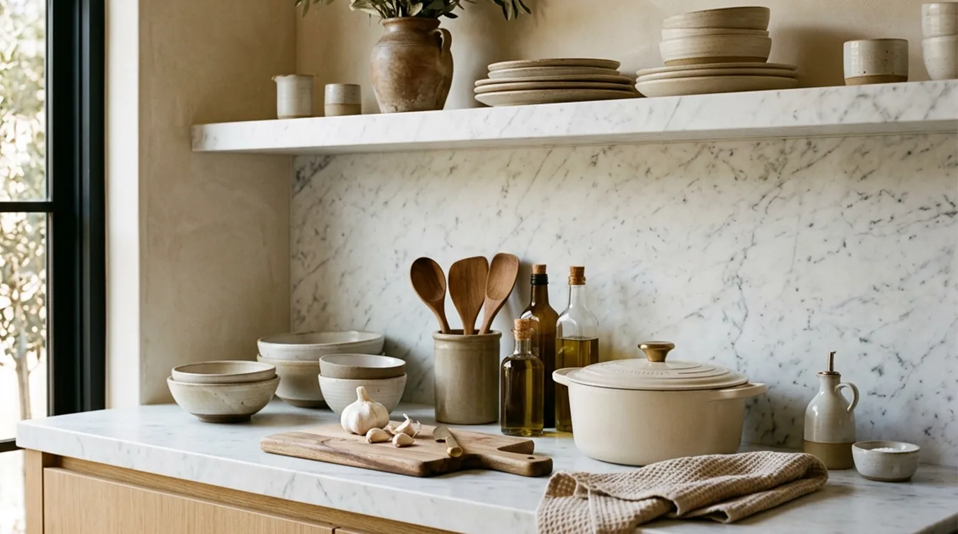A marble kitchen countertop with stacked ceramic dishes, bowls, wooden utensils, olive oil bottles, a garlic bulb, and a cutting board, set against a marble backsplash.