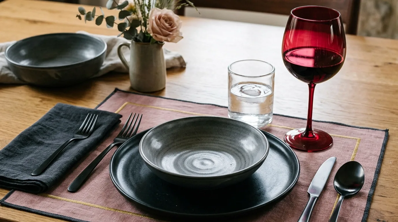 A place setting on a wooden table with a black bowl and plate, cutlery, a glass of water, a red wine glass, a cloth napkin, and a small vase with flowers.