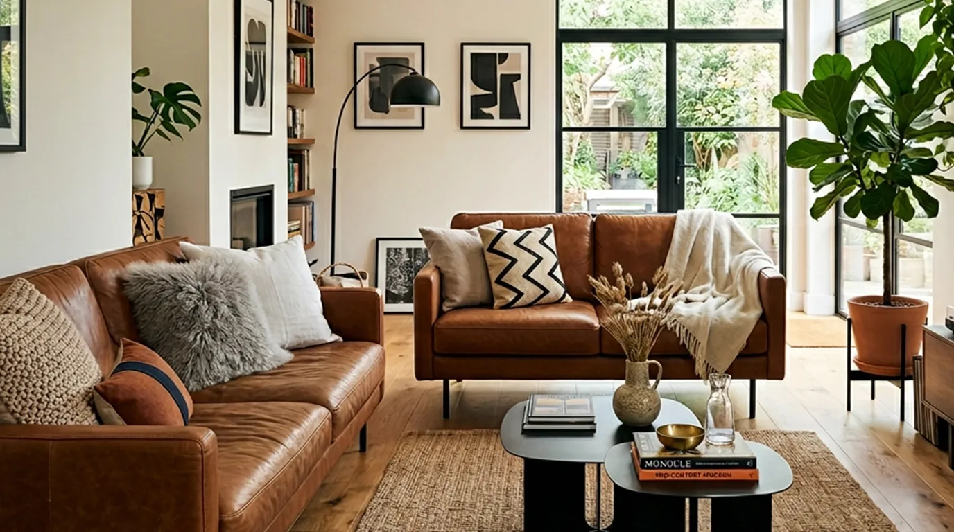 A modern living room with brown leather sofas, a black floor lamp, framed art on the walls, a coffee table with decor, a large window, and a tall potted plant.