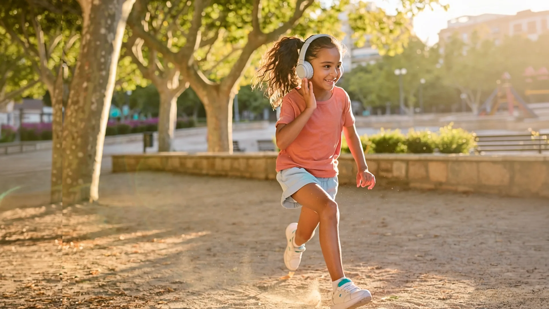 Young girl wearing headphones and casual clothes runs on a dirt path in a sunlit park, with trees and a stone wall in the background.