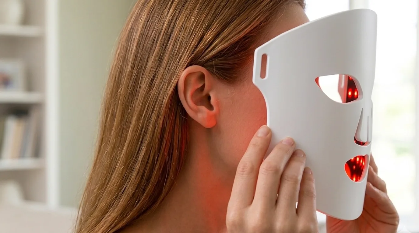 A person holds a white LED light therapy mask to their face, with red light visible through the eye and mouth openings.