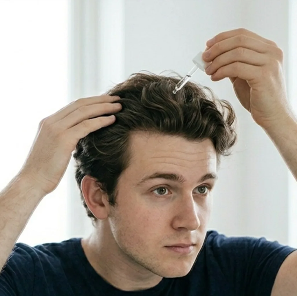 A person applies a liquid solution to their scalp using a dropper while looking in a mirror.
