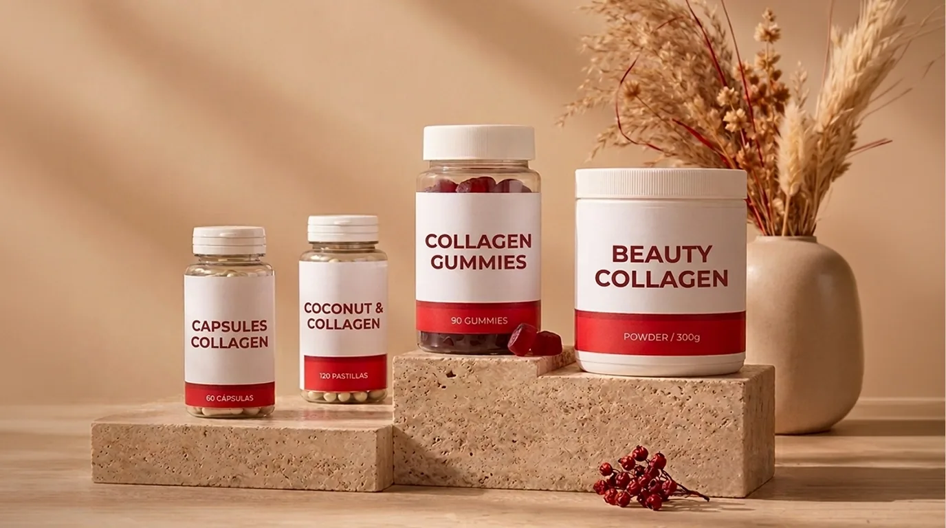 Four collagen supplement containers labeled capsules, coconut & collagen, collagen gummies, and beauty collagen powder are arranged on stone blocks with dried plants in the background.