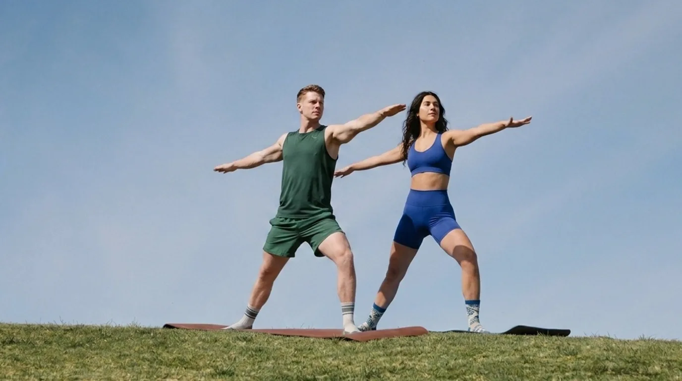 Two people practicing yoga outdoors on mats, standing in a warrior pose with arms extended under a clear blue sky.