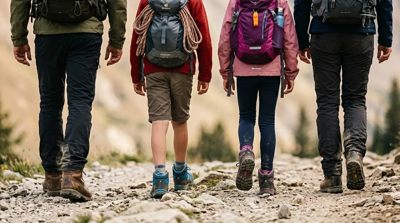 Four people wearing backpacks and hiking gear walk on a rocky trail in an outdoor, mountainous setting, photographed from behind.