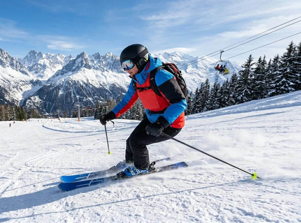 A skier in a red and blue jacket skis downhill on a snowy mountain slope, with snow-covered trees and mountains in the background.