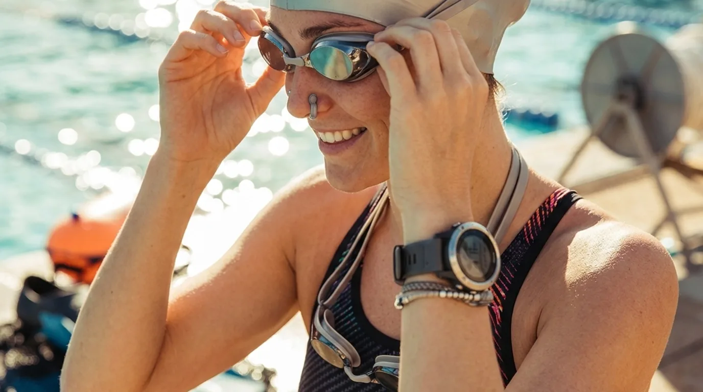 A swimmer wearing a swim cap, goggles, and a wristwatch smiles while adjusting her goggles near a pool.