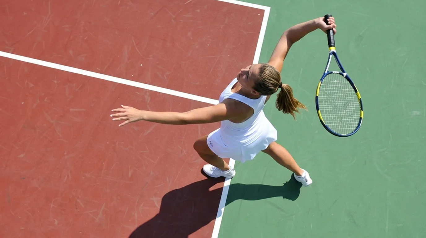 A tennis player in a white outfit prepares to serve on an outdoor court, viewed from above.