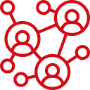 Red line drawing of four interconnected person icons, representing a network or social connection on a light background.