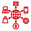 Red icon showing a globe at the center connected to icons of a shopping bag, gear, laptop, phone, envelope, and dollar symbol, representing digital or online services.