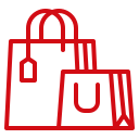 Red outline icon of two shopping bags, one large and one small, with handles and a price tag on the larger bag.