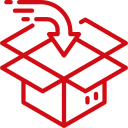 Red outline of an open box with a downward arrow indicating receiving or downloading.