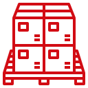 Red outline illustration of a pallet with stacked boxes.