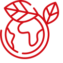 Red line drawing of a globe with two leaves, symbolizing environmental sustainability or global nature conservation.