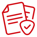 Red outlined icon of two stacked documents with a shield and checkmark symbol in front, representing secure or verified documents.