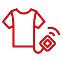 Red line illustration of a shirt with a connected barcode scanner.