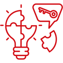 Red outline of a lightbulb made of puzzle pieces, with a speech bubble containing a key symbol above it.
