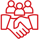 A red icon showing a handshake in the foreground with three people figures in the background.