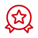 Red outline icon of a ribbon with a star in the center, symbolizing achievement or an award.