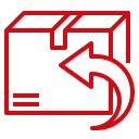 Red outline icon of a cardboard box with a left-facing arrow, indicating the concept of returning a package.