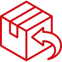 Red outlined icon of a cardboard box with an arrow pointing left, indicating return or shipment.
