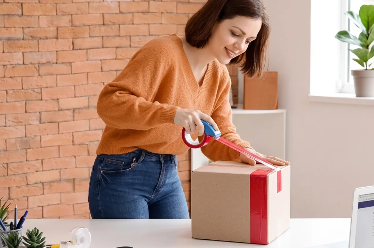 A woman seals a cardboard box with red tape in a room with a brick wall and a window.