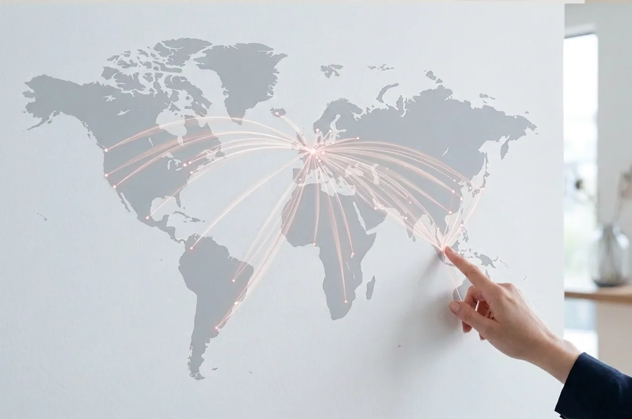 A hand points at Europe on a world map with white lines connecting various global locations, suggesting international connections or networks.