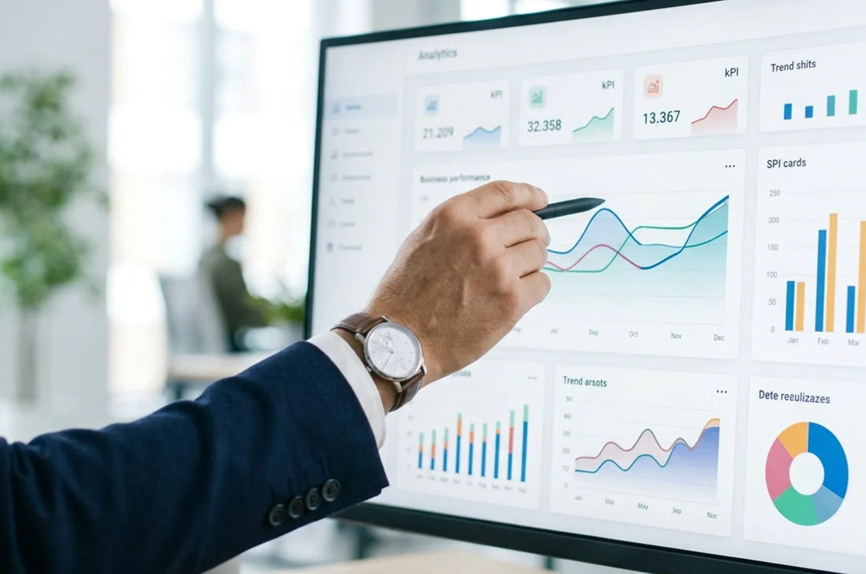 A person in a suit points at a computer monitor displaying various business analytics charts, graphs, and performance data in an office setting.