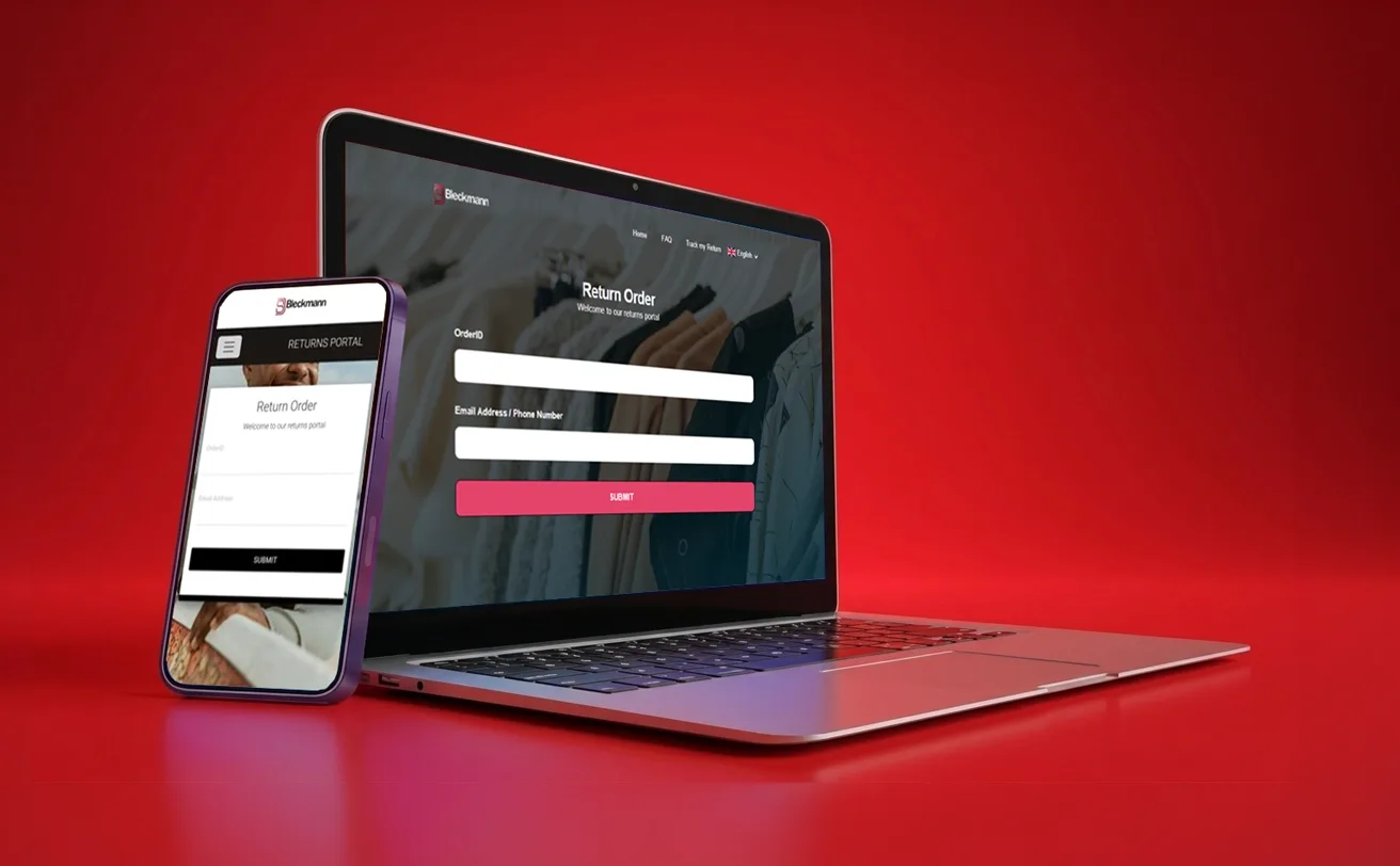 A smartphone and a laptop display a return order form on a red background. Both screens show text fields and a submit button for returning orders.
