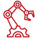 Red outline icon of a robotic arm above a gear, symbolizing automation, robotics, or industrial manufacturing processes.
