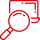 Red outline icon of a magnifying glass positioned over a laptop screen, representing searching or analysis.