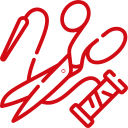 Red line drawing of scissors cutting a dotted line.