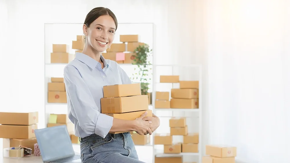 A woman smiles while holding several cardboard boxes in an office space, with more boxes and a laptop visible in the background.