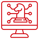 Red outline of a computer monitor displaying a chess knight with connected circuit lines, symbolizing artificial intelligence or digital strategy.