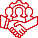 Red outline icon of two hands shaking in front of three people and a gear, symbolizing teamwork, partnership, and collaboration.