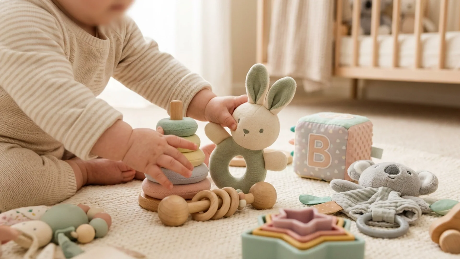 A baby sits on a carpeted floor playing with soft toys, wooden rings, and stuffed animals in a nursery setting.