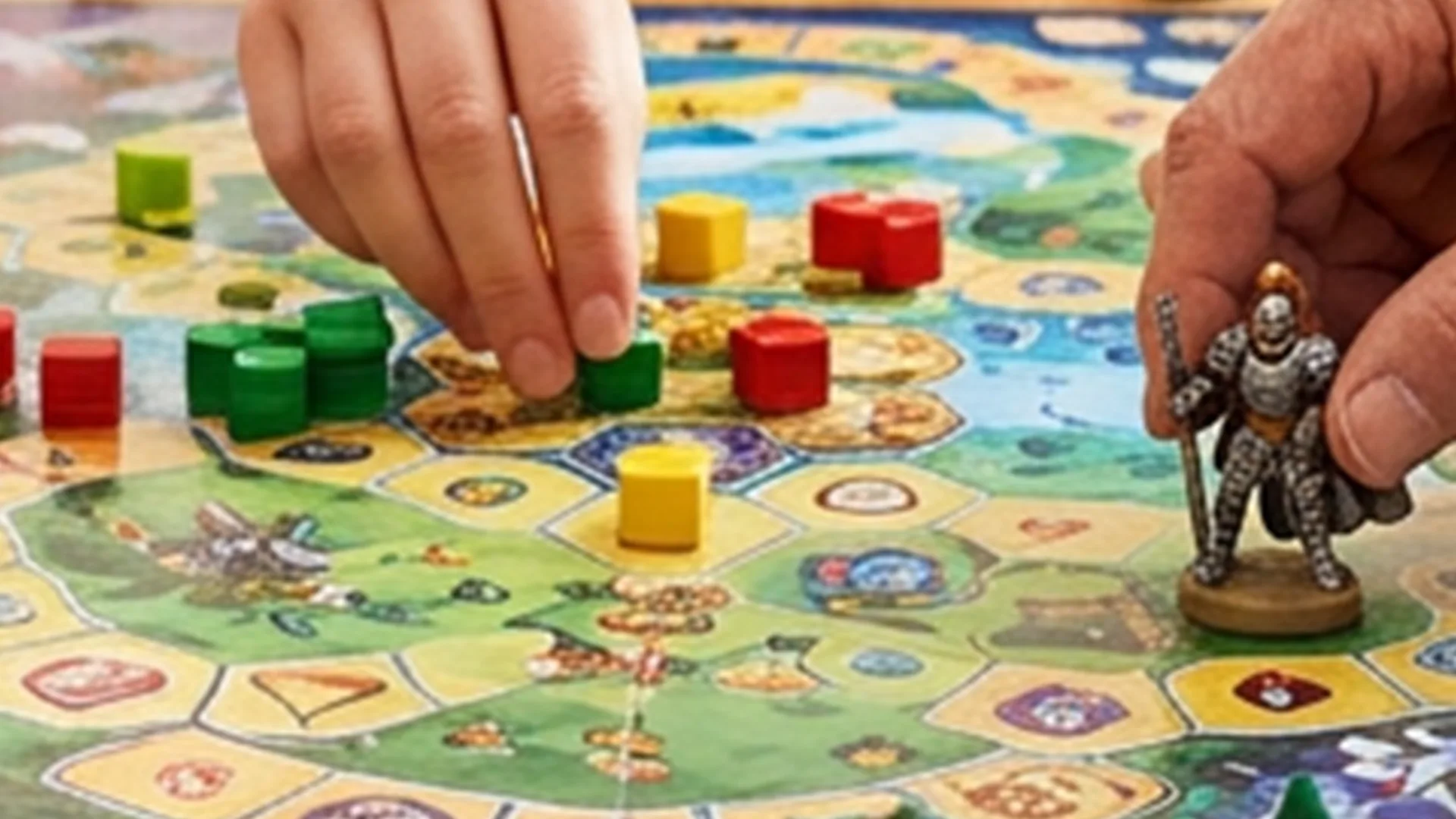 A close-up of hands playing a board game with colorful tokens and a knight figurine on a detailed game board.