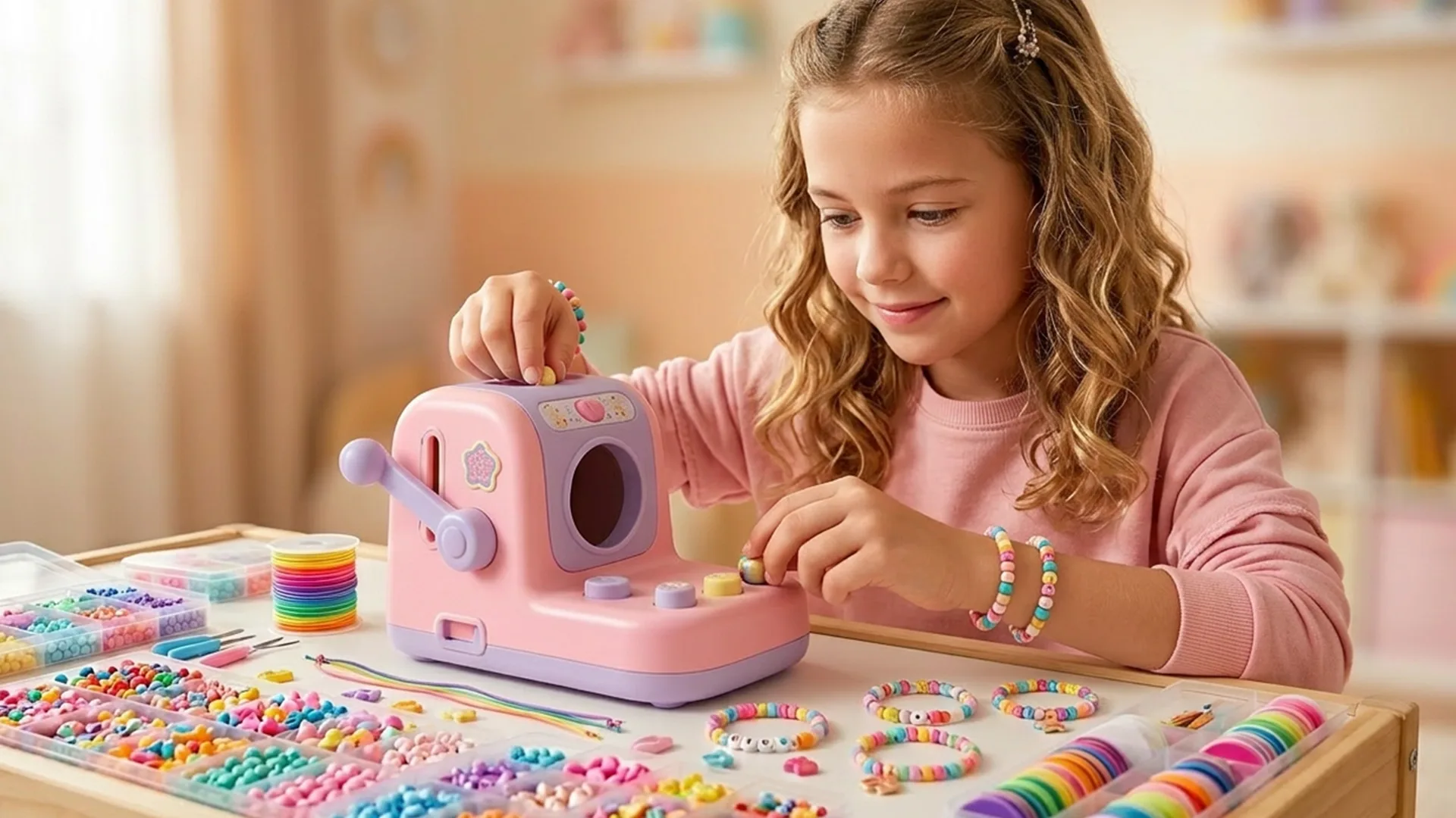 A young girl sits at a table using a pink bead-making machine surrounded by colorful beads and completed bracelets in a well-lit room.
