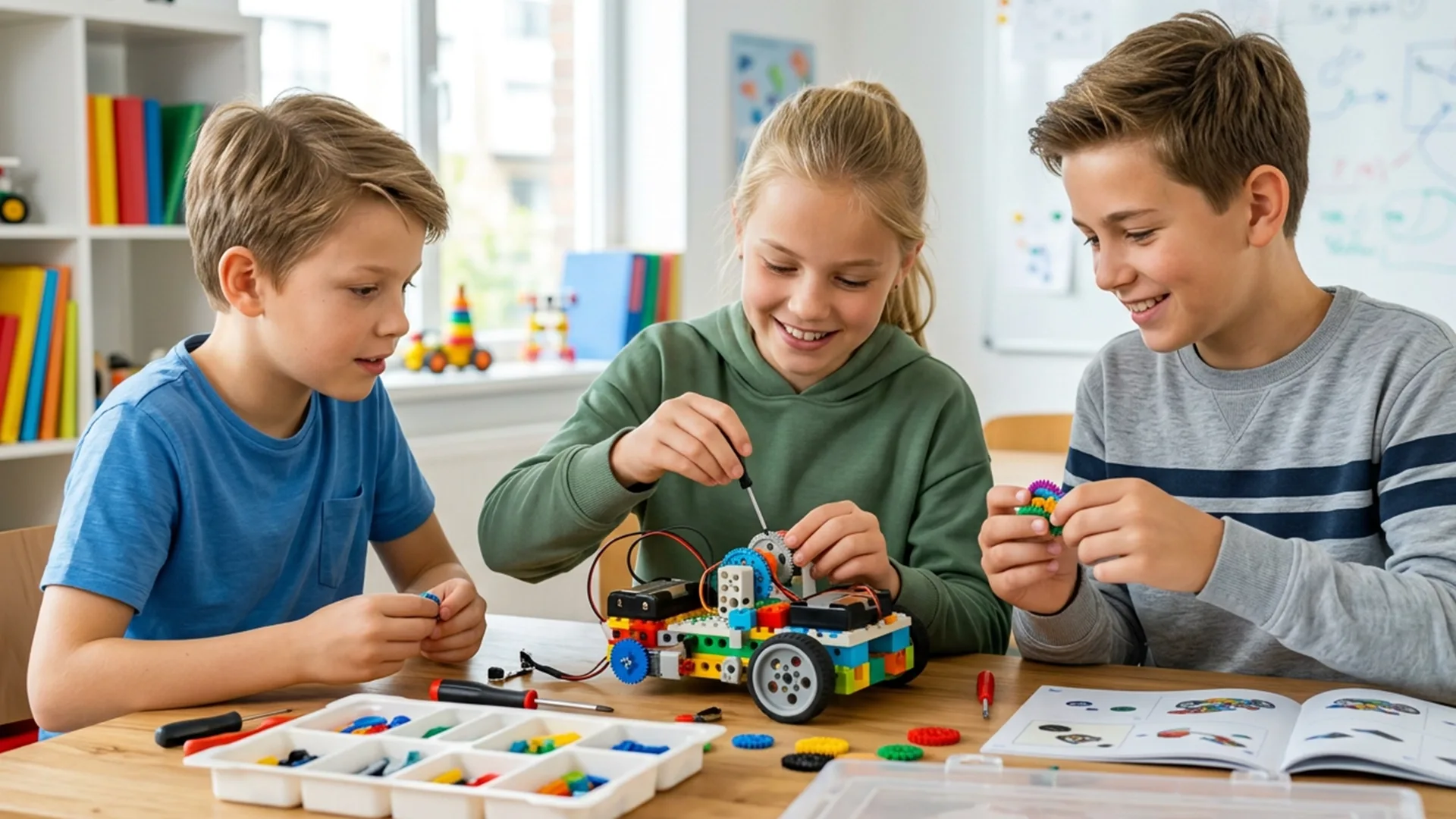 Three children sit at a table assembling a colorful robotics kit, using tools and following instructions from a manual, with assorted parts organized in trays.