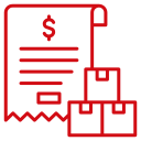 Red outline icon of a receipt with a dollar sign and three stacked boxes, representing invoices or billing for shipped goods.