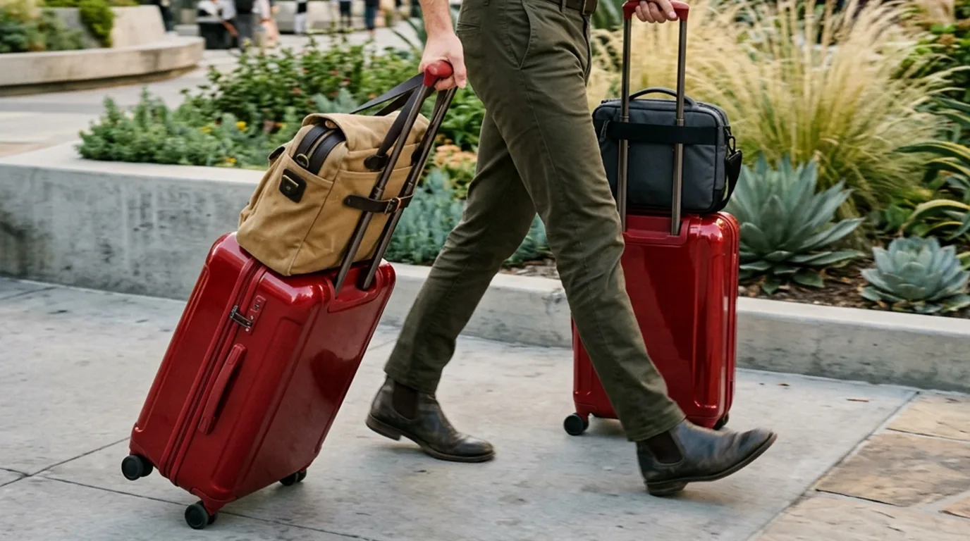 A person in green pants and brown shoes pulls two red suitcases and carries a black bag outside on a sidewalk with plants in the background.